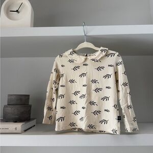 Girls' Cream Long-Sleeve Top with Black Leaf Print